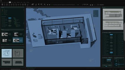 Leinwandbilder - Architecture 3D Software Mock-up Animation with Private Country House Project with Interior Design. Dark Night Mode Overview Interface Template for Computer Displays and Laptop Screens.