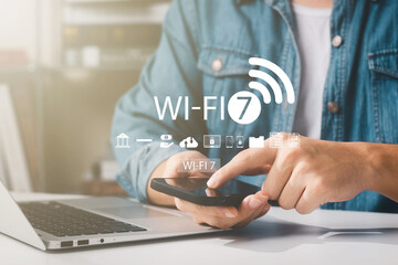 Wall Mural - man using smart phone with wifi technology 7 , connecting to the internet world with new technology.