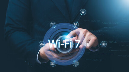 Wall Mural - man using smart phone with wifi technology 7 , connecting to the internet world with new technology.