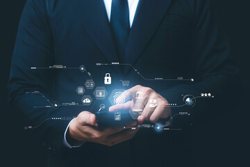 Wall Mural - concept of cyber security digital technology, business people use fingerprints to access personal cy