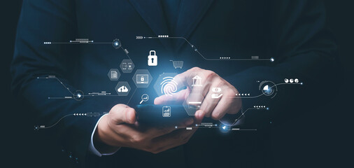 Wall Mural - concept of cyber security digital technology, business people use fingerprints to access personal cy
