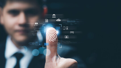 Wall Mural - concept of cyber security digital technology, business people use fingerprints to access personal cy