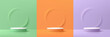 © Riseness - Set of green, orange, purple, white cylinder pedestal podium. Emboss ring shape with pastel color scene. Abstract vector rendering 3d shape. Cosmetic product display presentation. Minimal wall scene.