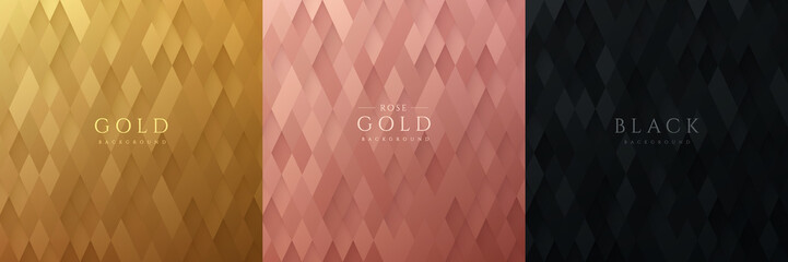 Wall Mural - Set of golden, rose gold and black abstract rhombus shape pattern, Luxury 3D geometric pattern background. Can use for cover, artwork, print ad, poster, web banner. Simple and minimal. Vector EPS10.