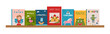 Bookshelf with children's books. Illustrated covers of books. Literature for kids. Children's reading. Colorful books covers. Front view of books. Banner for library, bookstore, fair, festival.