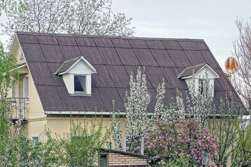 Poster - attic of a private house with a gray slate roof on the street among flowering trees against the sky