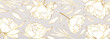 Vector banner with gold flowers in line art style.Golden peonies.