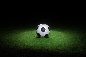 Wall Mural - Black and white leather football ball laying on fresh green grass highlighted by spotlight.