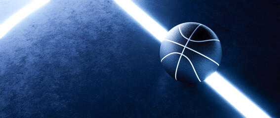 Wall Mural - Modern Basketball and glowing lines on play field. Abstract theme of ball sport equipment. Neon sport concept