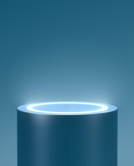 Wall Mural - Empty blue cylindrical pedestal with white glowing circle for product placement. 3d computer graphic template of displaying place. Blank template and copy space