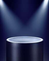Wall Mural - Cylindrical pedestal illuminated by pair of spotlights from top corners. 3d computer graphic template of displaying place for your products. Blank template