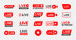 Live streaming icon set. Set of live stream icons. Set of video broadcasting icon.. Button, red symbols for TV, news, movies, shows. Online stream icons.