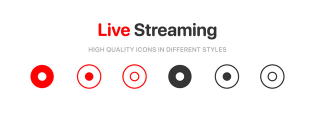Poster - Live streaming icon set. Set of live stream icons. Set of video broadcasting icon.. Button, red symbols for TV, news, movies, shows. Online stream icons.