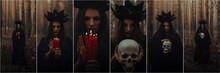 Collage Of Various Images Of A Witch Girl In Forest With Candles And A Skull In Hands