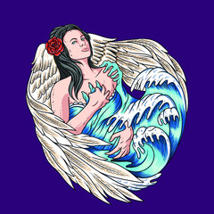 Wall Mural - Beauty Angel with blue waves