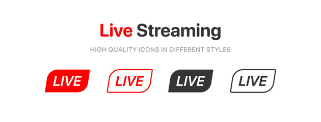 Poster - Live streaming icon set. Set of live stream icons. Set of video broadcasting icon.. Button, red symbols for TV, news, movies, shows. Online stream icons.
