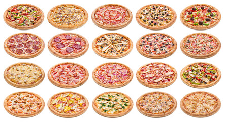 Pizzas collection, isolated on white background