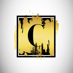 Wall Mural - C Golden Letter Logo Design with Abstract Gold Brush Stroke in a Black Frame.