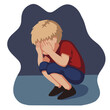 Cartoon lonely crying boy covered his face with his hands. Vector flat illustration. Depressed child sits alone