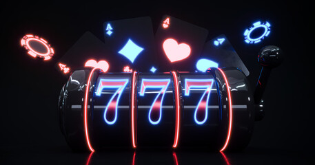 Wall Mural - Neon black casino background with casino slot machine with 777, modern black casino gambling background, playing cards and chips falling, online casino banner, 3d rendering