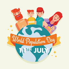 Wall Mural - World Population Day 11th July people on globe poster vector background design graphic banner