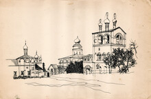 Black And White Ink And Pen Hand Drawn Landscape On Aged Old Paper, Monastery Of Saints Boris And Gleb In The City Of Yaroslavl, Russia 