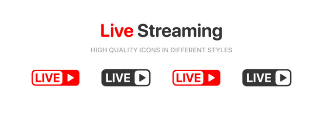 Poster - Live streaming icon set. Set of live stream icons. Set of video broadcasting icon.. Button, red symbols for TV, news, movies, shows. Online stream icons.