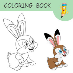 Wall Mural - Young hare sits and looks ahead. Coloring book with funny Rabbit. Template of colorless and color samples of cartoon Rabbit on coloring page. Practice worksheet for kids. Happy Easter. Spring holiday.