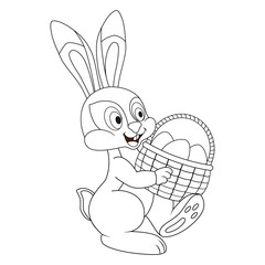 Wall Mural - Cute smiling Hare holding basket with Easter eggs. Template of coloring book with colorless cartoon Easter Rabbit for kids. Practice worksheet or Anti-stress page. Logic outline education game.