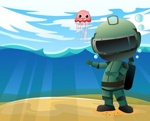 Diver in retro scuba gear with a jellyfish invites. Guy in underwater suit bottom of pond. Funny cartoon style. Extreme sports. Person in lake or sea. Boy man swim. Air bubbles. Vector