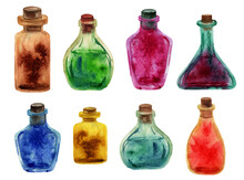 Watercolor Hand Drawn Little Bottles Of Glass In Different Shapes And Colors. Template Of Bottles With Magical Elements Of Water, Air, Earth, Fire. Magic Witchcraft. Blue, Green, Red, Brown Aroma Oil.