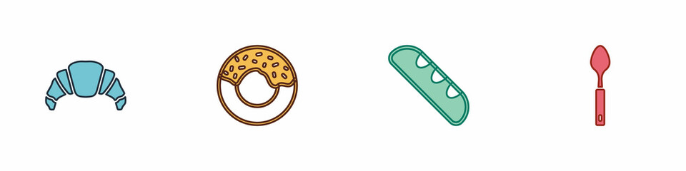 Wall Mural - Set Croissant, Donut, French baguette bread and Spoon icon. Vector