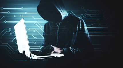 Cybersecurity, computer hacker with hoodie