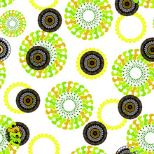 Vector Seamless Pattern Of Fractal Colored Circles In Yellow, Black, Light Green On A White Background. Suitable For Wrapping Paper, Tableware, Furniture, Fabric