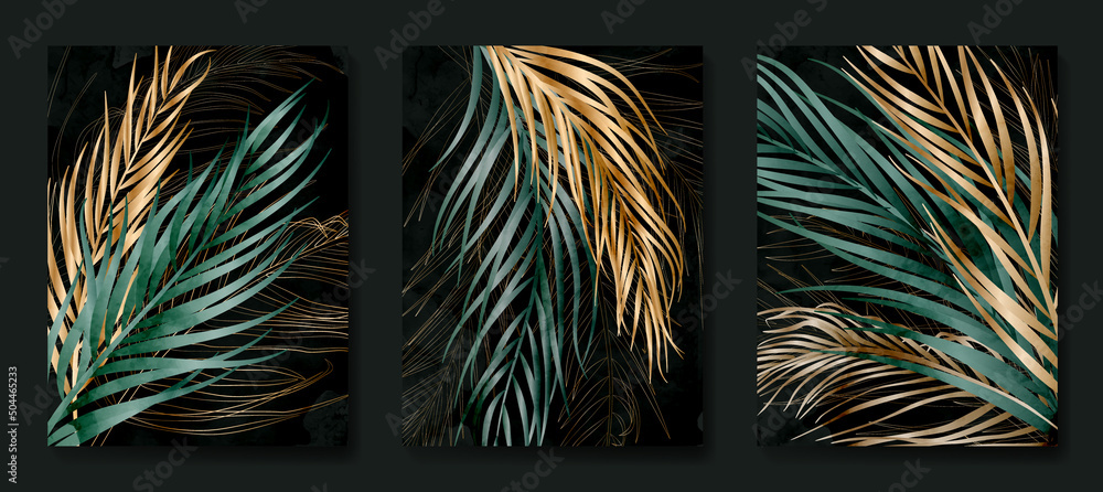 Luxury tropical background with palm leaves in gold and green ...