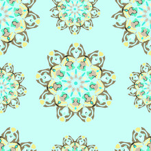 Vector Seamless Pattern Of Fractal Colored Circles In Yellow, Brown On A Turquoise Background. Suitable For Wrapping Paper, Tableware, Furniture, Fabric