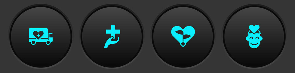 Sticker - Set Humanitarian truck, Heart with cross, Leaf in heart and Volunteer icon. Vector