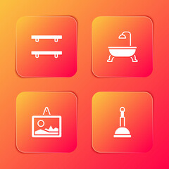 Sticker - Set Empty wooden shelves, Bathtub, Picture and Rubber plunger icon. Vector