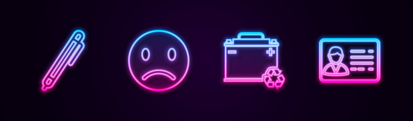 Wall Mural - Set line Pen, Sad smile, Car battery with recycle and Identification badge. Glowing neon icon. Vector