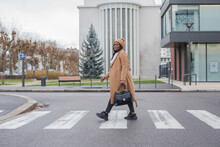 Confident Black Business Woman Crossing The Road, Street Portrait