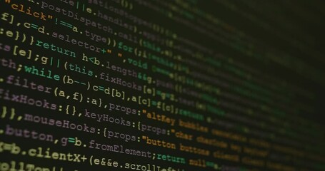 Wall Mural - 4k close up shot programming tag code on pc monitor scroll down. background concept for programming 