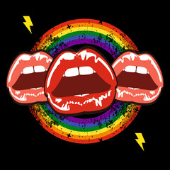 T-shirt design of three sensual mouths united by a rainbow isolated on black. Vector illustration for gay pride day