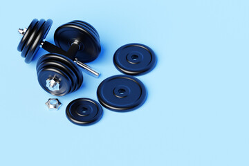 Wall Mural - Black  iron dumbbells with disassembled plates on  blue isolated background. 3D rendering