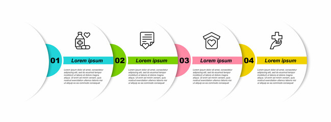 Sticker - Set line Medicine bottle and pills, Envelope with heart, Shelter for homeless and Heart cross. Business infographic template. Vector