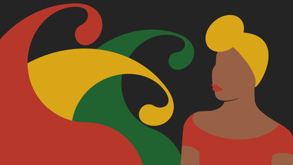 Juneteenth banner in holiday colours with African-American woman wearing traditional headdress on black background. Juneteenth Independence Day concept