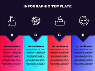 Canvas Print - Set line Sailor captain, Ship steering wheel, Iceberg and porthole. Business infographic template. Vector