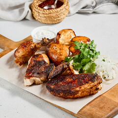 Poster - Roasted chicken with spices and herbs on wooden plate. Traditional caucasian food - chicken tabaka. Grilled chicken with bread and sauce on concrete background.