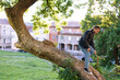 © Nikita Sursin/Stocksy - guy poses sitting on the branch of a big tree