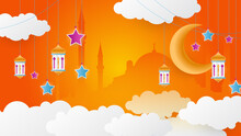 Arabic Lantern, Sheep, Crescent, Cloud On Blue Pastel Background. Design Creative Concept Of Islamic Celebration Ramadan Kareem Or Eid Al Fitr Adha, Hajj, Hijri, Mawlid. 3D Illustration.