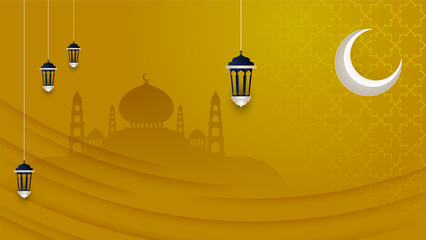 Islamic background, Gift box, lantern, gold crescent moon on white. Design concept of ramadan kareem, mawlid, iftar,isra and miraj or eid al fitr adha, copy space text area, 3D illustration.